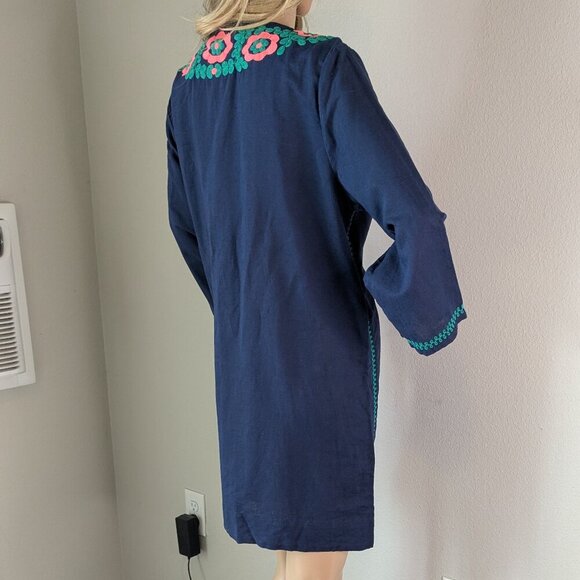 J. Crew Dress Large Blue Embroidered Beach Tunic Cover-up Tassels Linen-Blend - Picture 7 of 16